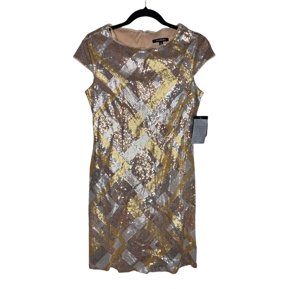 NEW Marina Dress Size 4 Cap Sleeves Mini Dress Formal Sequin Rose Gold White